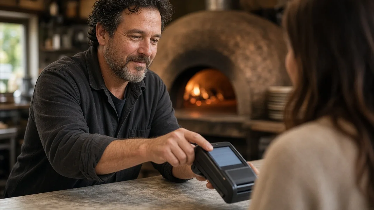 Pizzeria owner holding out a card terminal for a customer's payment