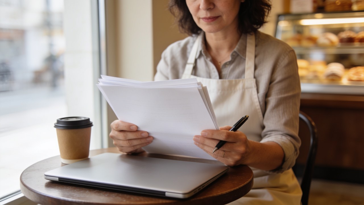 Bakery owner in an apron sitting at a cafe table by the window, reading through a stack of funding paperwork with a pen in her hand
