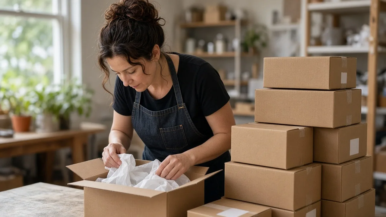 Ecommerce owner packing an order beside a growing stack of shipping boxes