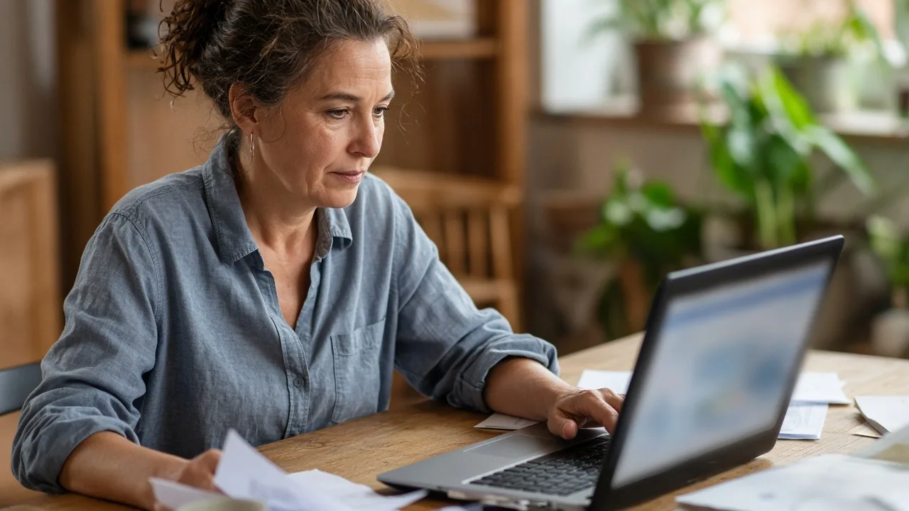 Business owner reviewing bank statements alongside a laptop at a desk