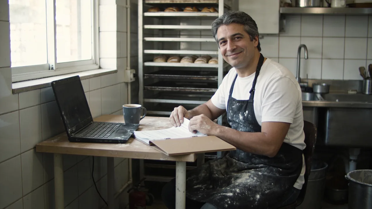 Bakery owner in a flour-dusted apron sitting at a small back-office desk beside the ovens, calmly closing a finished paperwork folder next to a laptop and a mug of coffee