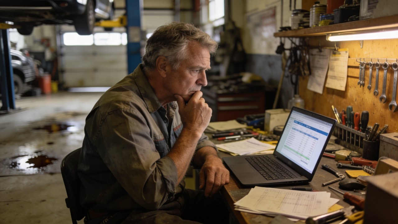 Auto repair shop owner at a cluttered back-office desk in his garage, studying bank statements on a laptop with a thoughtful expression
