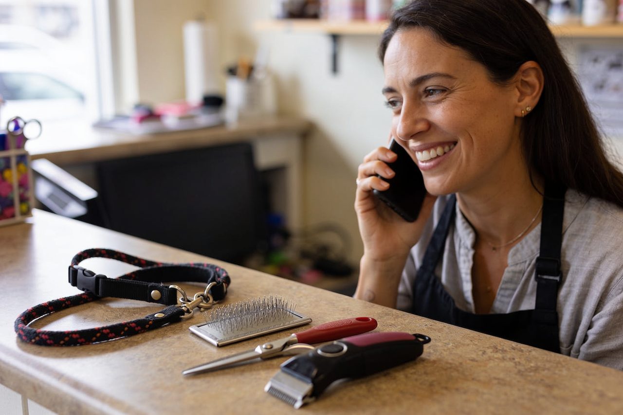 Pet grooming shop owner reconnecting with a client by phone