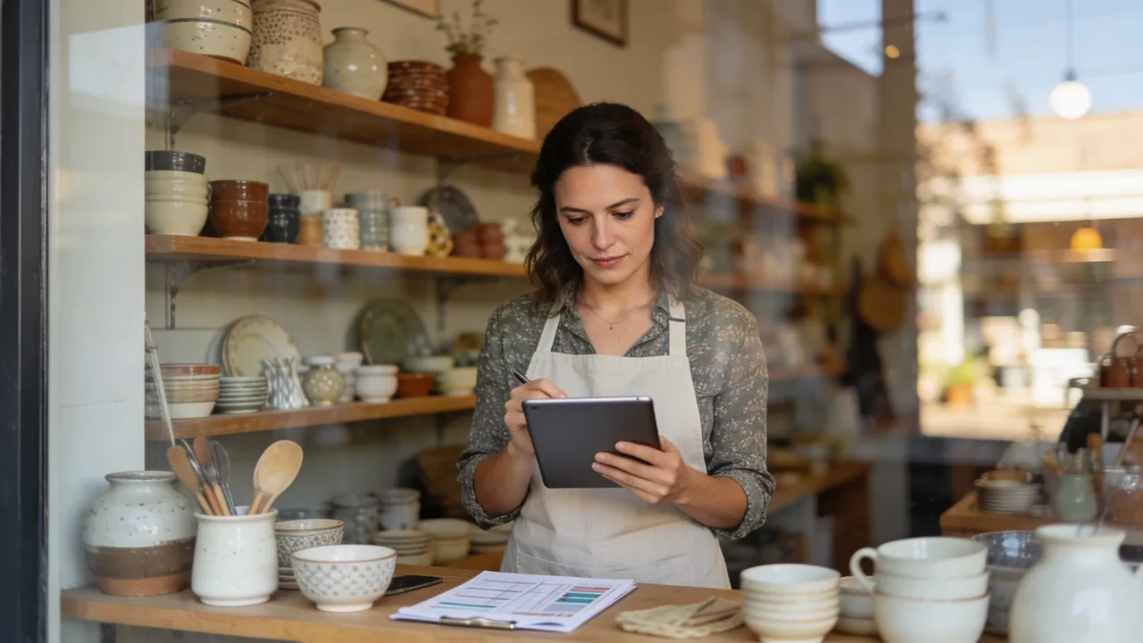 Woman small-business owner behind the counter of her ceramics and home-goods shop, reviewing sales figures on a tablet in morning light
