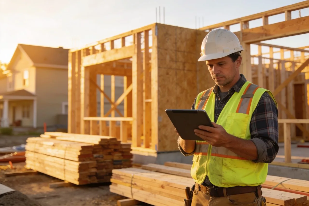 Contractor reviewing job details on a tablet at a framing jobsite
