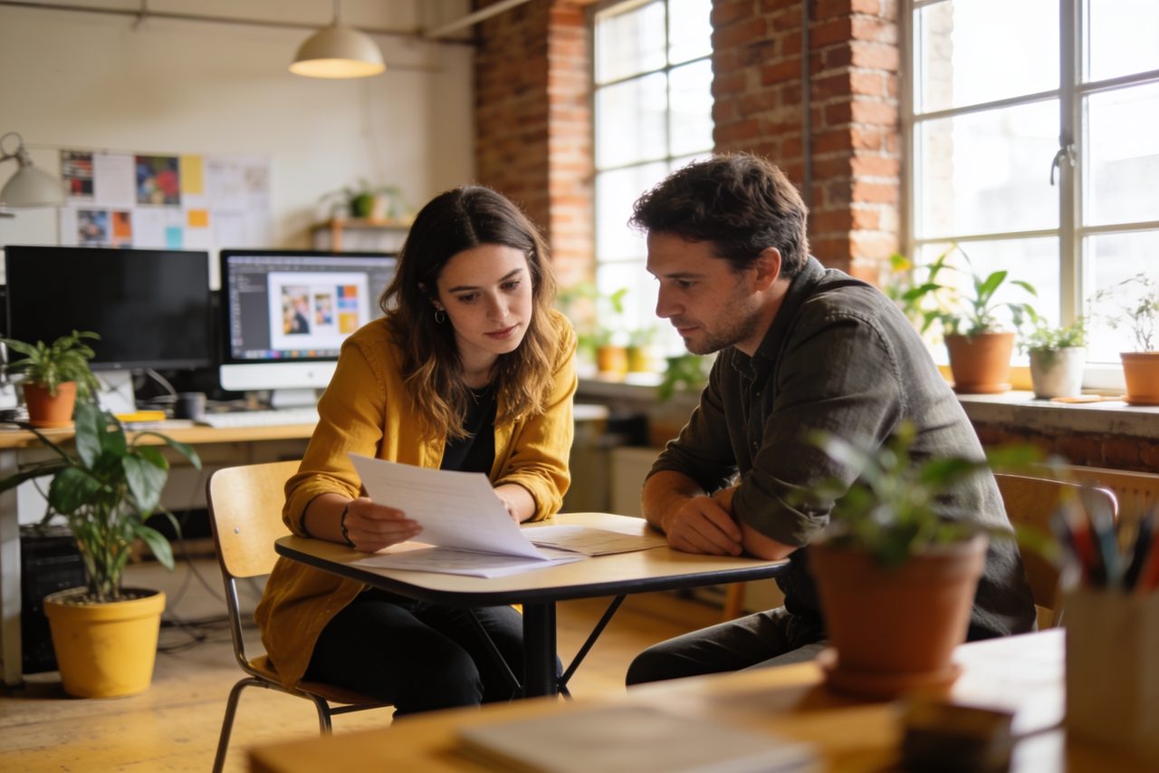 Design studio owner reviewing contract terms with a client