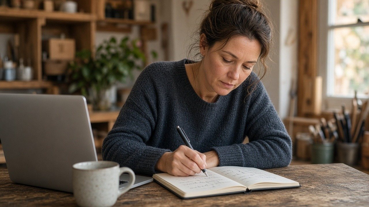 Small business owner writing hiring notes in a notebook beside her laptop