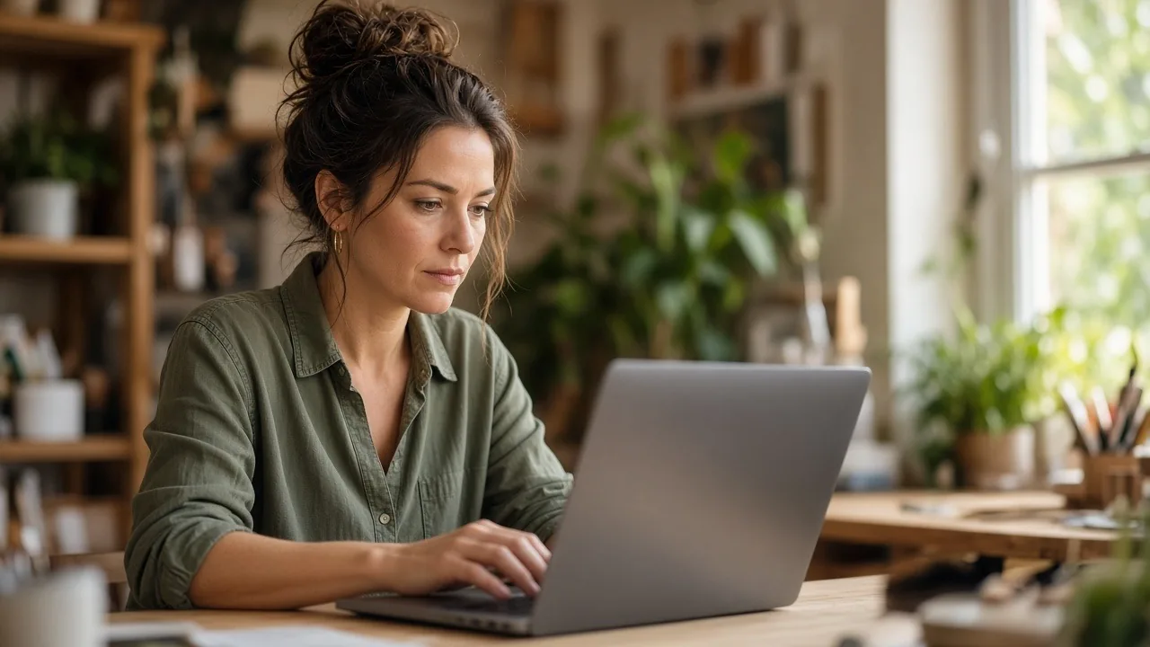 Small business owner typing a marketing email on a laptop in a sunny office