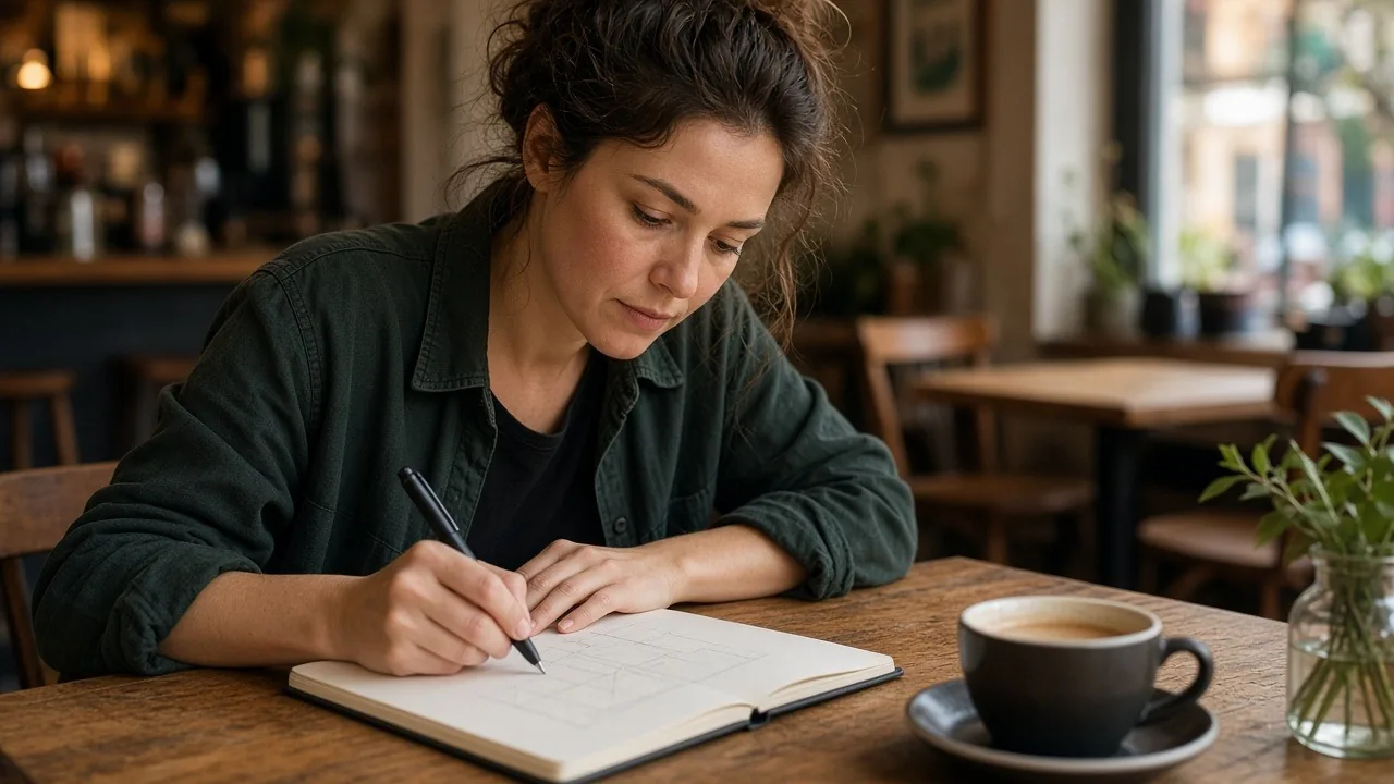 Entrepreneur sketching a business plan in a notebook at a cafe table