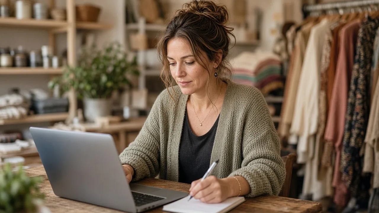 Boutique owner drafting notes beside her laptop at a wooden table in her clothing shop