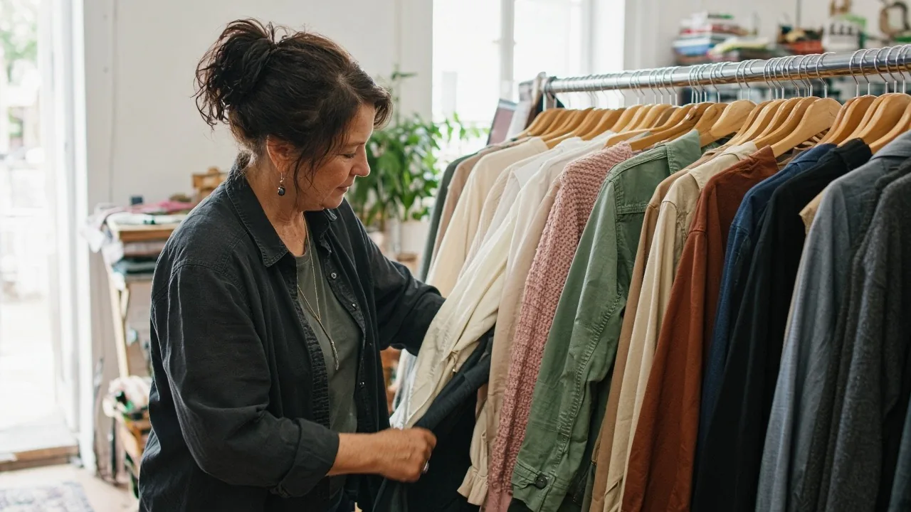 Shop owner in a dark shirt checking a garment on a rack of hanging jackets and shirts in a bright boutique