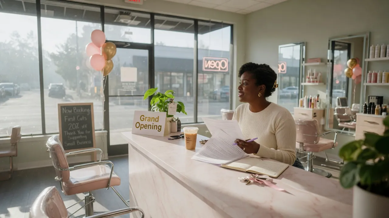 Salon owner reviewing paperwork on her grand opening day