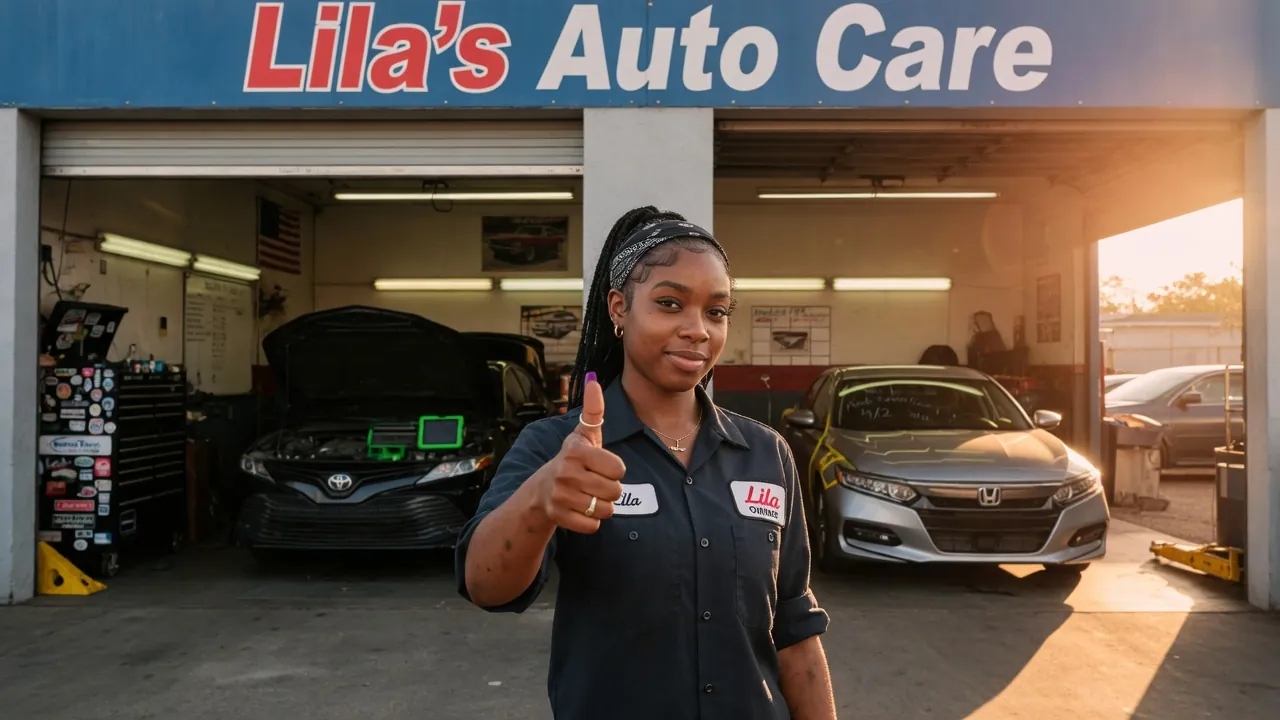 Auto-shop owner standing in front of her business after getting funded