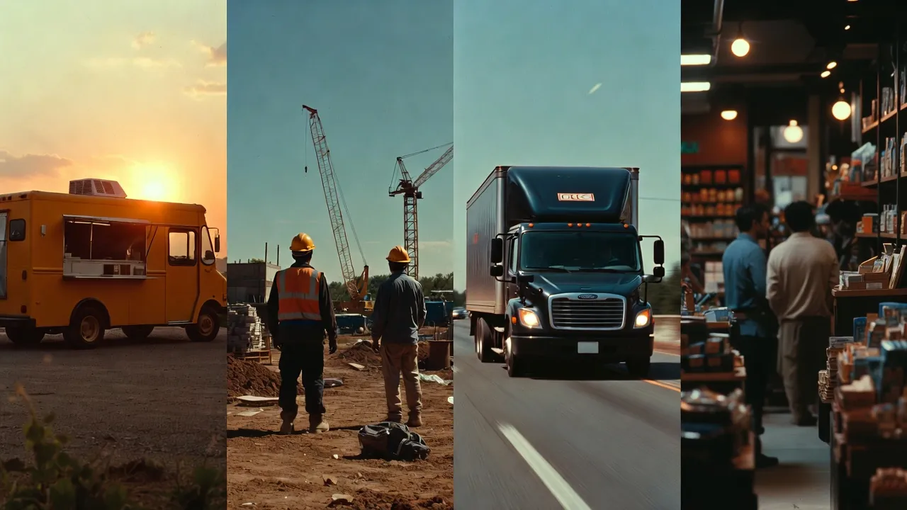Montage of American small businesses we fund — a food truck, construction site, delivery truck, and retail shop
