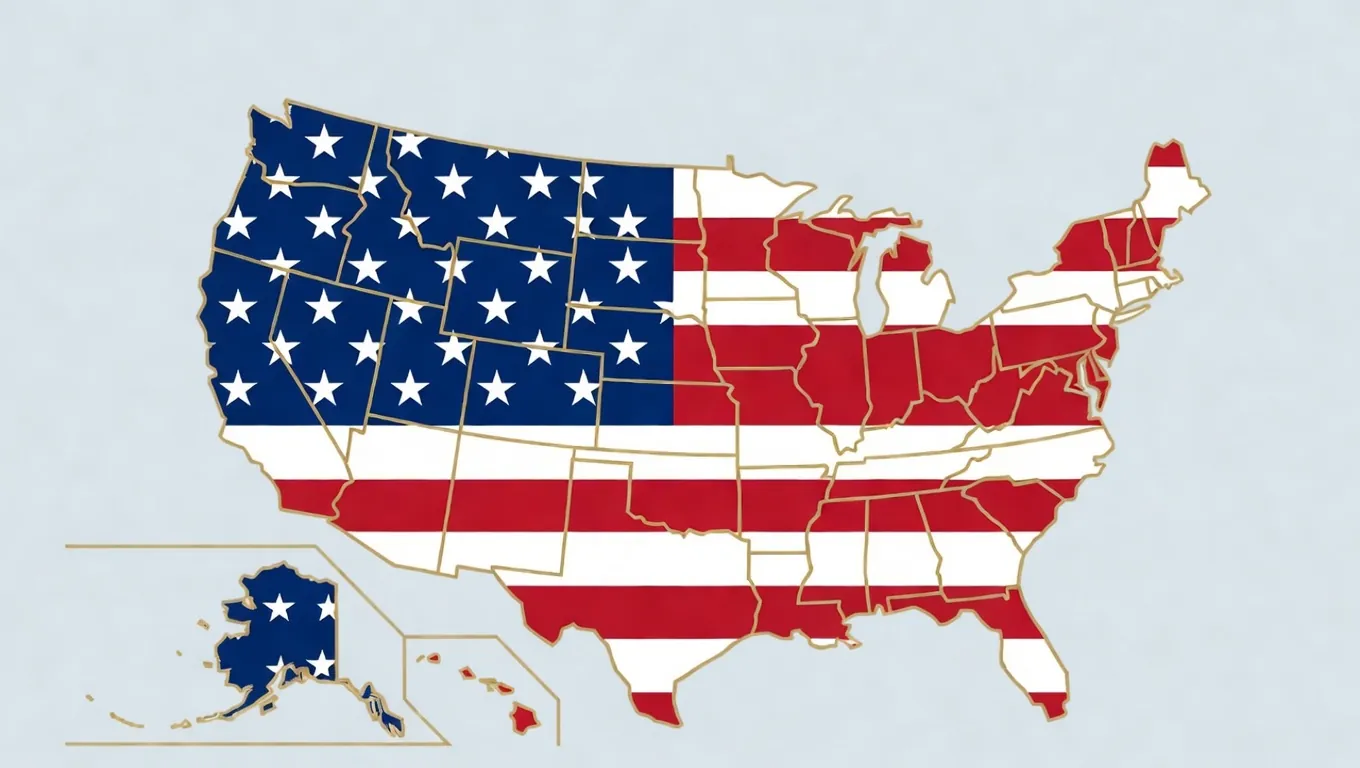 American flag-themed map of the United States — The Broker Shop funds small businesses in all 50 states